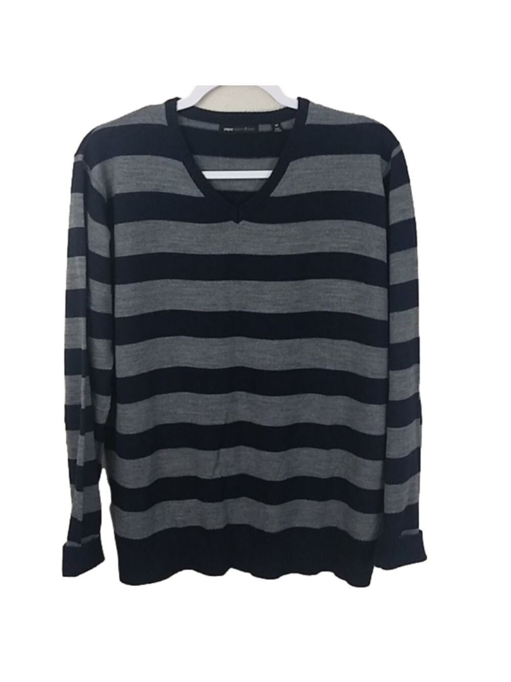 Paper Denim & Cloth Blue Stripe V-Neck Long Sleeve Pullover Light Weight Sweater